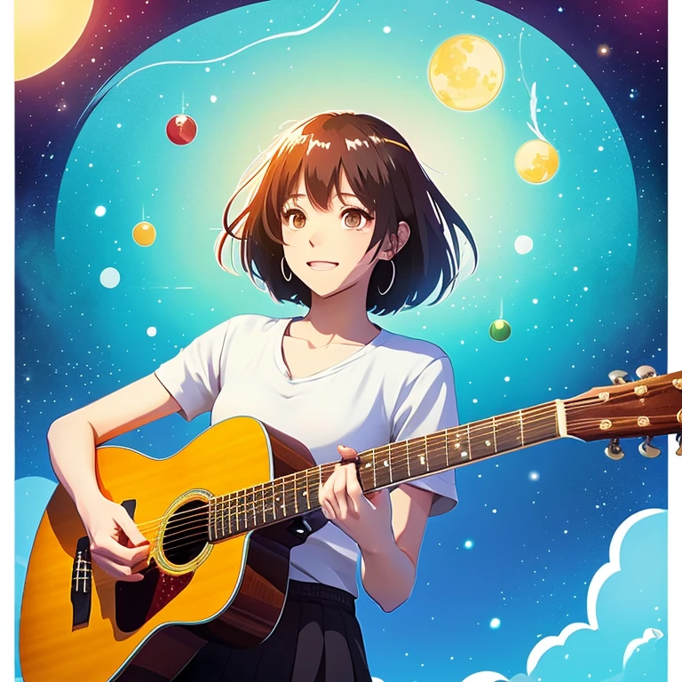 anime illustration、creation、masterpiece、surrounded by sound、strong goddess、short hair、Playing acoustic guitar