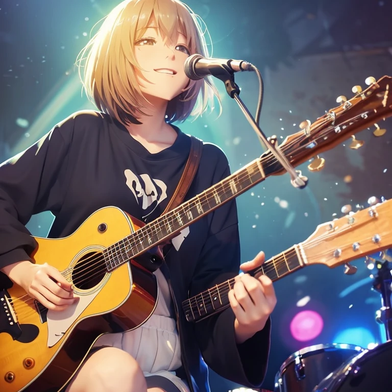 anime illustration、creation、masterpiece、surrounded by sound、strong goddess、short hair、Playing acoustic guitar