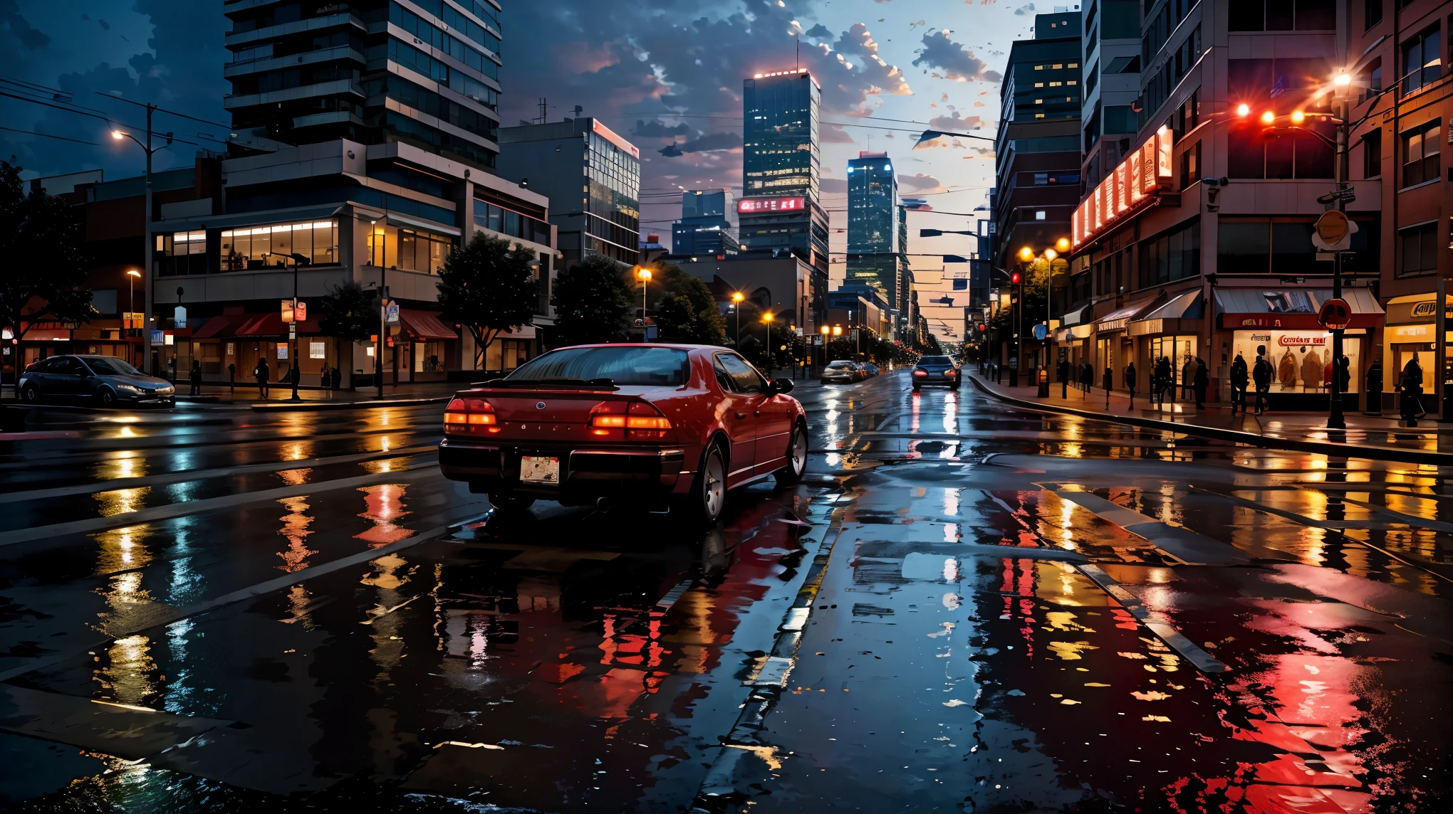 Downtown at dusk、intersection、car honking、((A red light that stops the flow))、Pedestrians waiting impatiently、Bright city lights reflecting on the wet pavement、Impressive skyline in the background、
