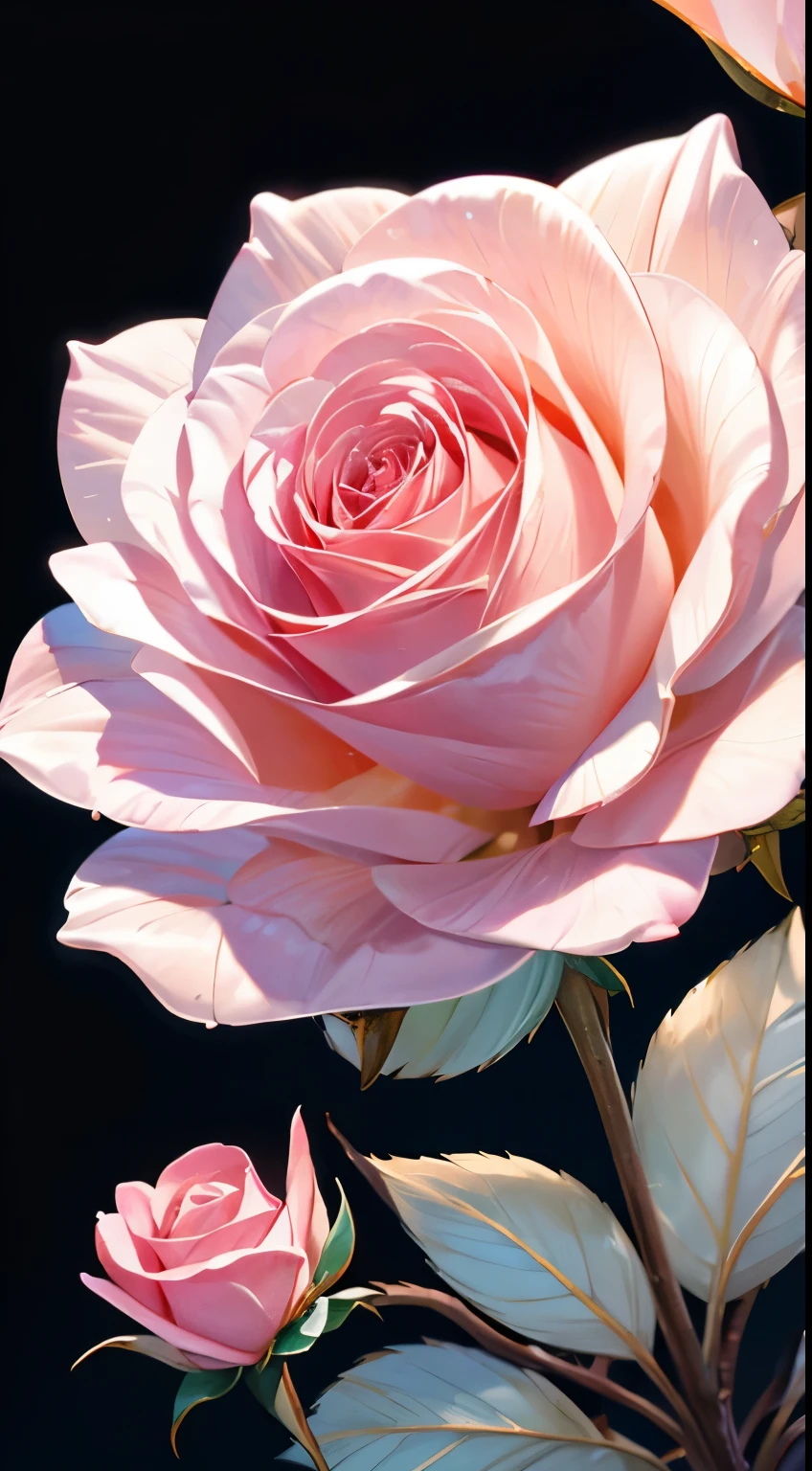 亮点1Pink rose close-up,High-precision image quality,Rose picture on delicate white background。Roses bloom to us in photos,Delicate and gorgeous petal details,Luminous details make flowers look more delicate。Enhance details of rose stems and flowers,Make the picture more perfect,Pink rose close-up。