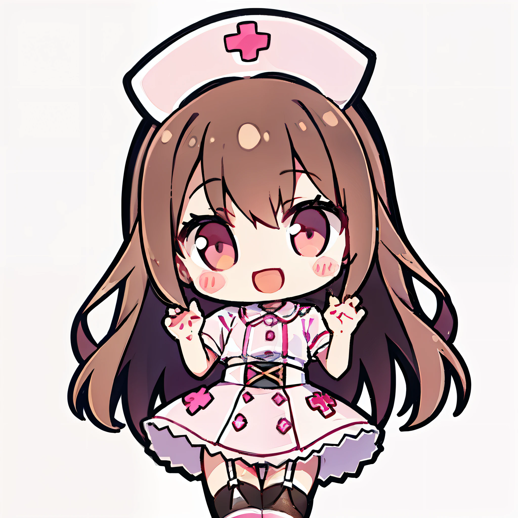 pieces fly、Super detailed、high quality、masterpiece、最high quality, 1 girl, light brown hair:1.5、wavy long hair、brown eyes、alone、Happy to raise both hands、very happy smile、nurse uniform、garter belt、garter stockings、Crossed nurse cap、{{pink background、 background:1.8}}、Full body Esbian、icon、