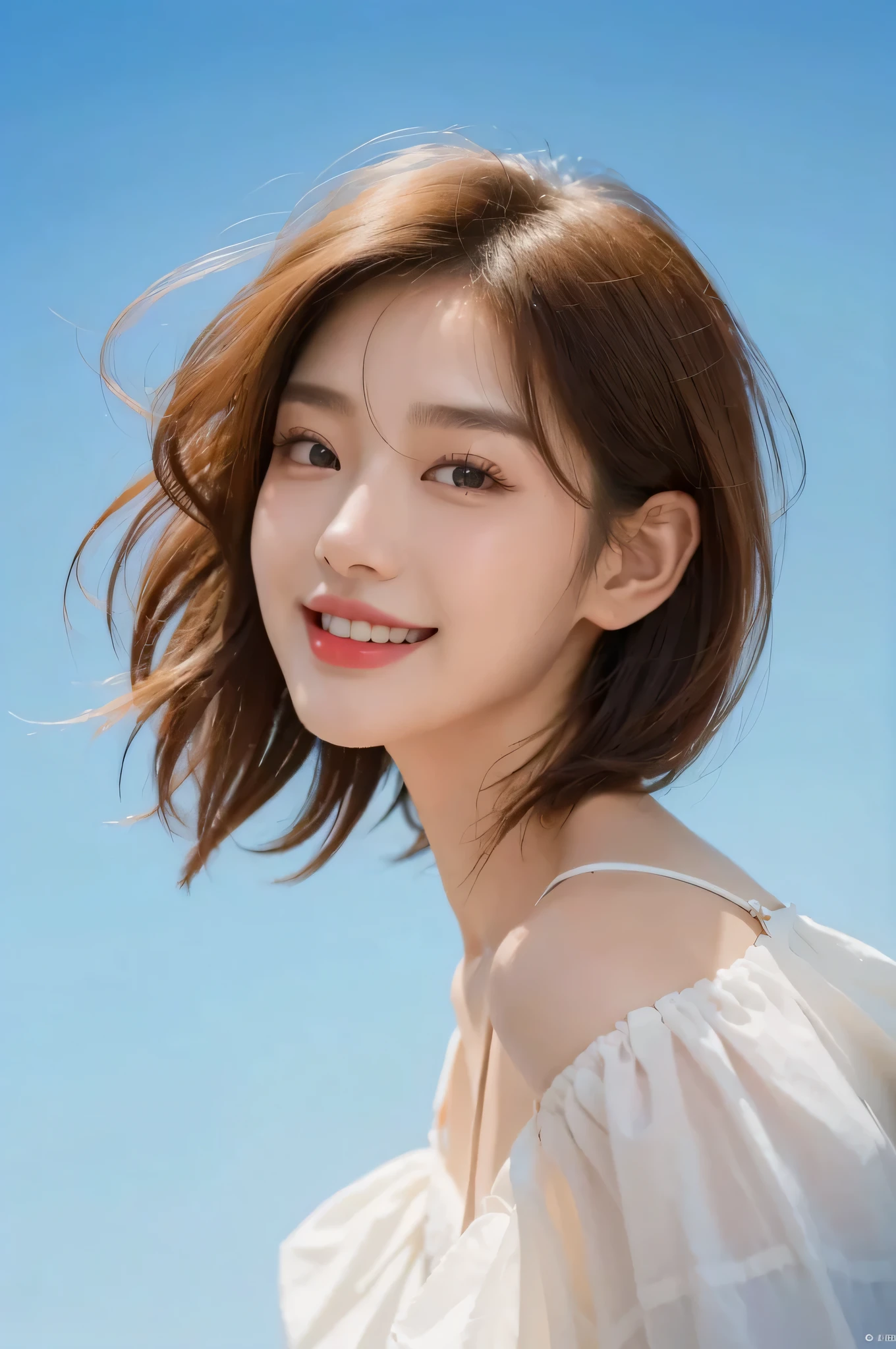 best quality,Real light and shadow,blue sky,8k,一个穿着白色上衣和blue sky的女人的特写, Beautiful young Korean woman, young cute korean face, short hair, Beautiful young Korean woman, beautiful korean woman, Korean female idol avatar, Young and cute asian face, Korean popular makeup, cute korean actress, Korean popular makeup, korean girl, Nam Jae Hwa, sweetly laugh