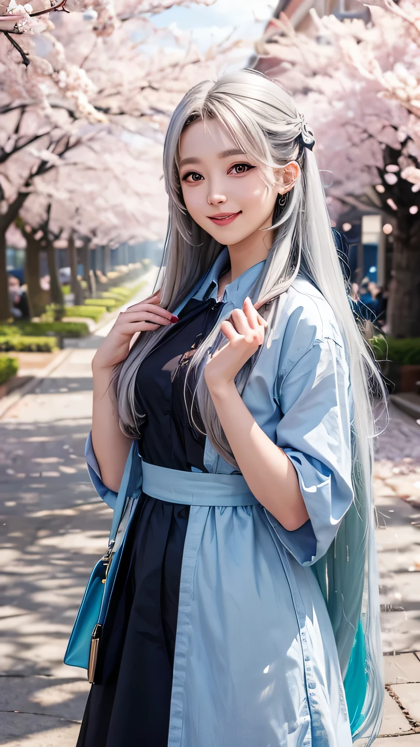 Girl smiling facing the audience,Place one hand in front,Open with five fingers,silver long hair,The background is a sea of cherry blossoms