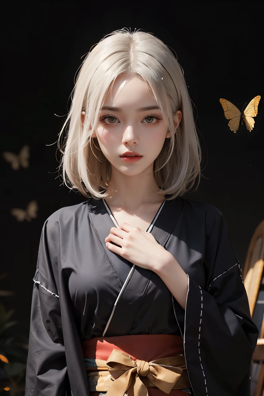 ((best quality)), ((Masterpiece)), (detailed) photography of a 20yo woman, medium white hair, perfect face, masterpiece, black kimono, Ultra HD, standing in front of black circle, butterflies