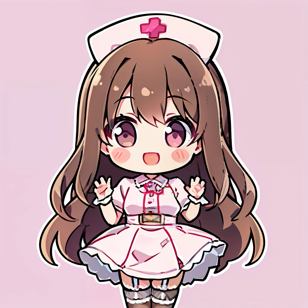 muste piece、super detailed、High quality、masterpiece、highest quality, 1 girl, light brown hair:1.5、wavy long hair、brown eyes、alone、Happy to raise both hands、Very happy smile、Nurse Uniform、garter belt、garter stockings、cross mark nurse cap、{{pink background、 background:1.8}}、Full body Esbian、icon、