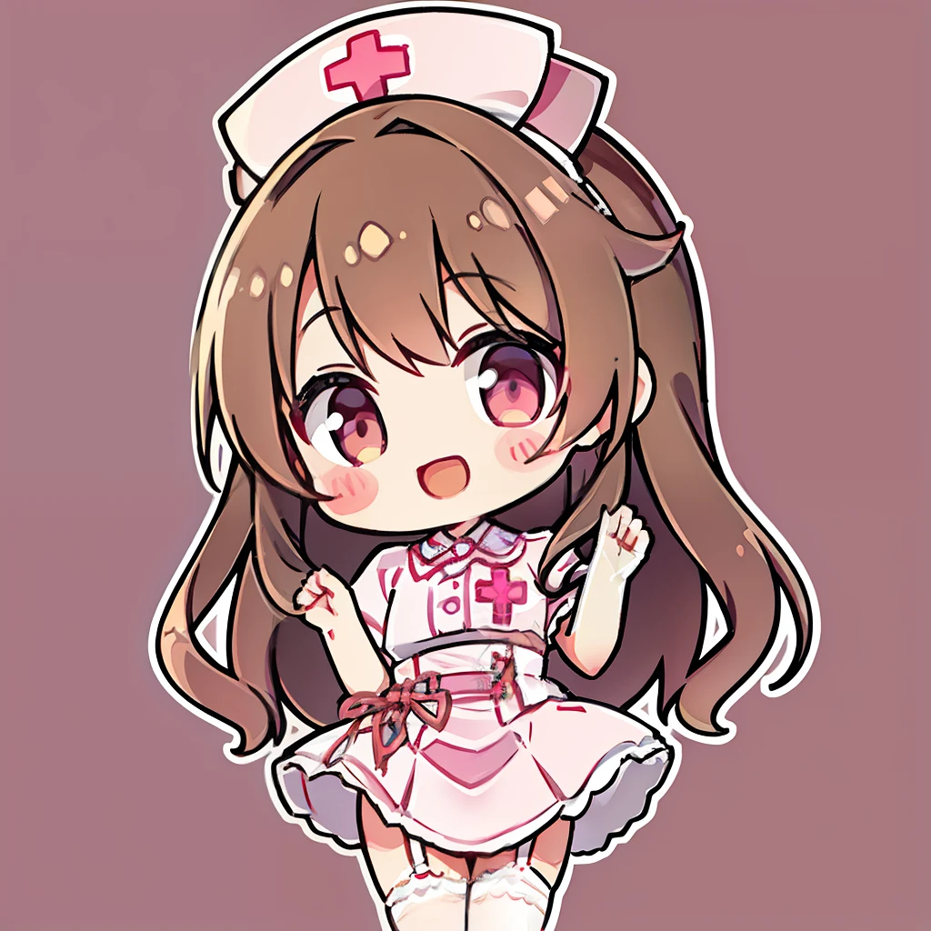 muste piece、super detailed、High quality、masterpiece、highest quality, 1 girl, light brown hair:1.5、wavy long hair、brown eyes、alone、Happy to raise both hands、Very happy smile、Nurse Uniform、garter belt、garter stockings、cross mark nurse cap、{{pink background、 background:1.8}}、Full body Esbian、icon、