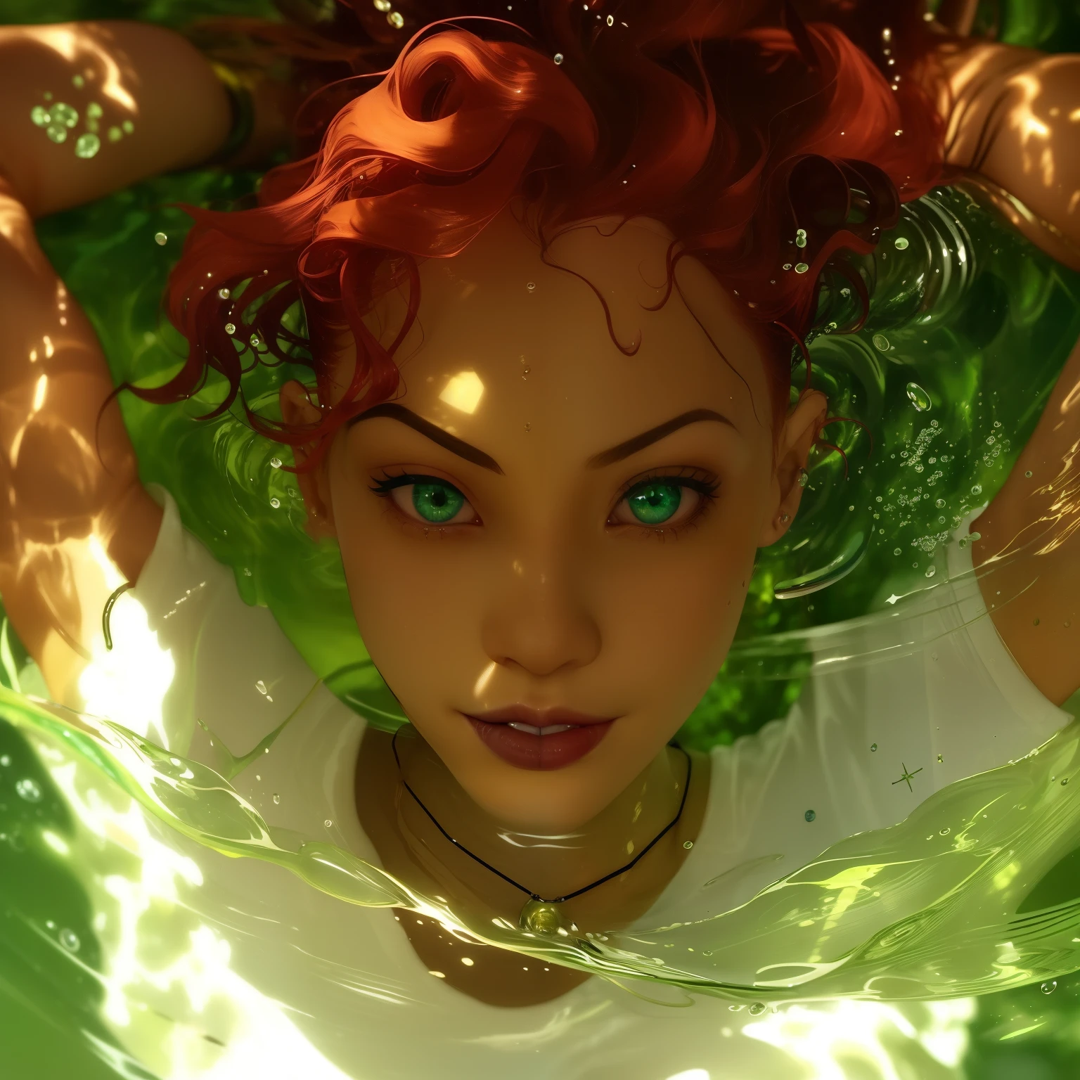 (((detailed eyes))), there is a woman with red hair and green eyes in the water, moebius + loish + wlop, artgerm julie bell beeple, loish and wlop, charlie bowater rich deep colors, deviantart artstation cgscosiety, loish |, neoartcore and charlie bowater, charlie bowater character art