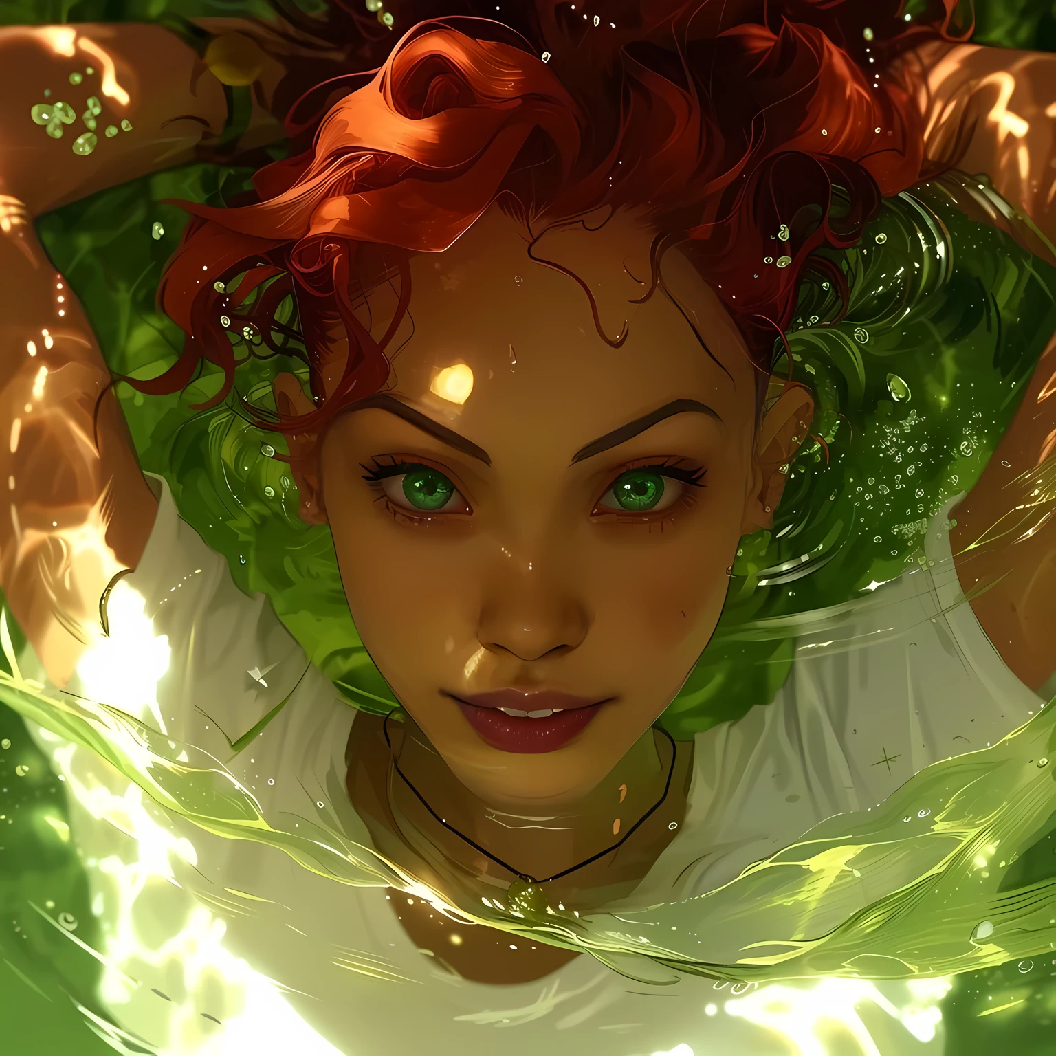 (((detailed eyes))), there is a woman with red hair and green eyes in the water, moebius + loish + wlop, artgerm julie bell beeple, loish and wlop, charlie bowater rich deep colors, deviantart artstation cgscosiety, loish |, neoartcore and charlie bowater, charlie bowater character art