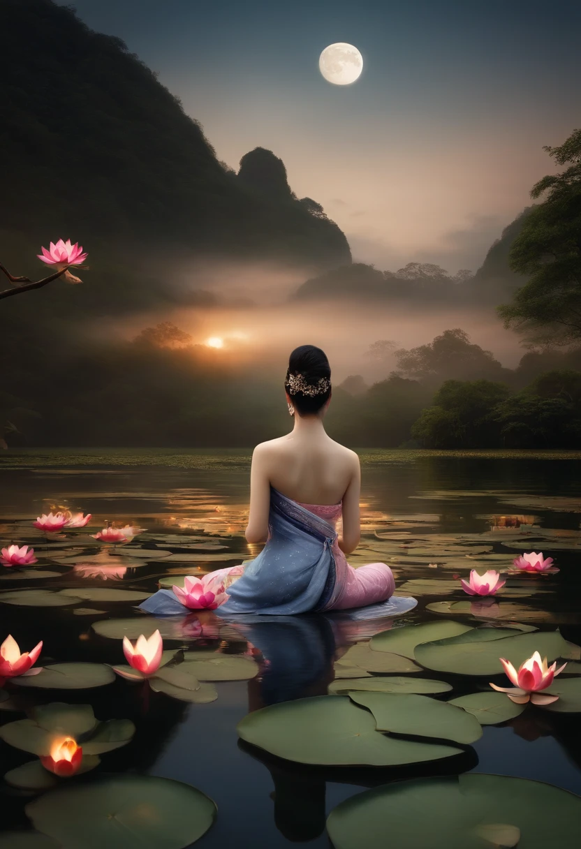 #shareprompt
Prompt: "Compose a visually striking narrative capturing the essence of a beautiful girl adorned in Thai traditional attire, standing gracefully in an onsen, with a transparent oiltattoo on her body. Set the scene beneath the radiance of a full moon, where she delicately holds a lotus branch, and create an ultra-photorealistic full-length shot that emphasizes the interplay of transparency and moonlight, with a random post focus on the lotus."