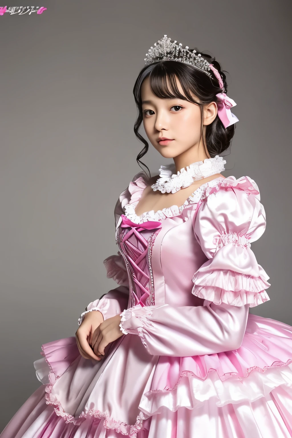 ,highest quality, masterpiece, highest resolution, artwork, super それにget used to it, many get used to it, get used to it, それにget used to it, 3k realistic pictures,((Full body photo of the girl)),(( at 10 years old)),Ultra-detailed juvenile face,the girl is a princess,full length ball gown dress with hoop skirt,ruffled yoke collar,puff sleeves,long sleeve,((Lolita style hot pink detailed princess dress with lots of ruffles and ribbons)),Rococo style lolita fashion,shiny satin dress,Soft and smooth fabric,luxury,