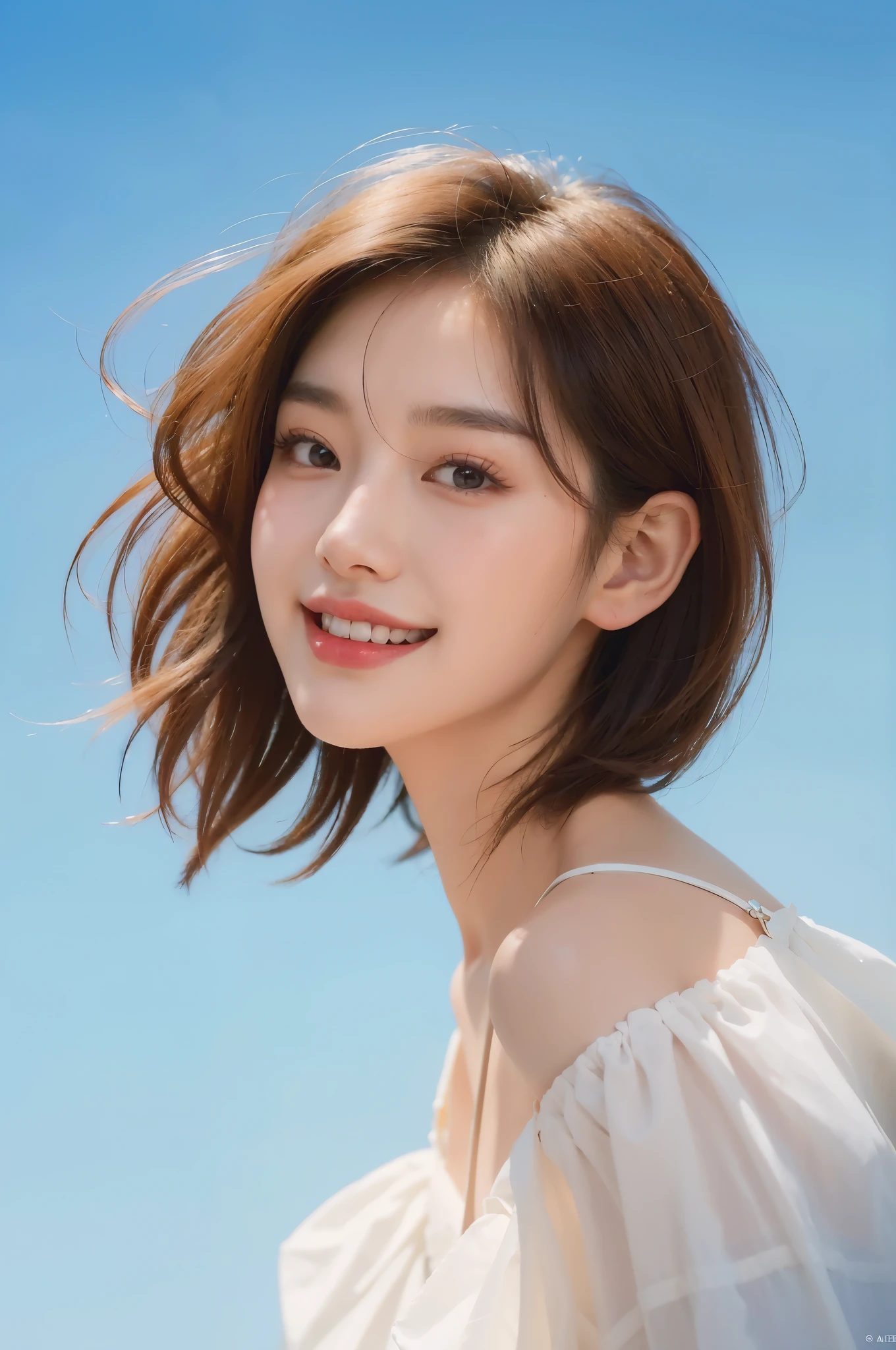 top-quality、realisitic、Photorealsitic、(intricate detailes:1.2)、(delicate detail)、(Cinematic lights、best quality backlight)、Clear lines、Sharp Focus、8K、absurderes、incredibly absurdness、huge filesize、ultra-detailliert、hight resolution、ighly detailed、extremely delicate and beautiful、Raw photography、depth of fields、solofocus、big breasts thin waist、A slender、21-year-old Korean idol female、(Brown hair:1.2)、Brown eyes、undersized head、Fashionable girl、beautidful eyes、(tiny chest:1.2、small udder)、Lifelike face、real looking skin、A detailed eye、detailed facial features、detailed clothes features、(Fashion clothes:1.3)、Wavy short hair、(Fashion Hairstyles: 1.3) Dynamic Poses、Gaze towards the viewer、simple background、A smile、A detailed face、Detailed chest、( pureerosface_v1:0.53), (ulzzang-6500:0.33), Light Room,