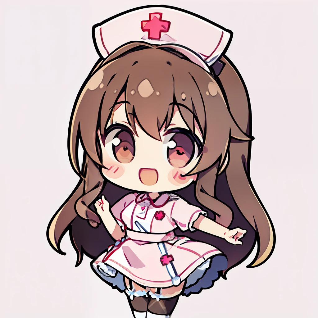 muste piece、super detailed、High quality、masterpiece、highest quality, 1 girl, light brown hair:1.5、wavy long hair、brown eyes、alone、Happy to raise both hands、Very happy smile、nurse's uniform、garter belt、garter stockings、cross mark nurse cap、{{pink background、 background:1.8}}、Full body Esbian、icon、