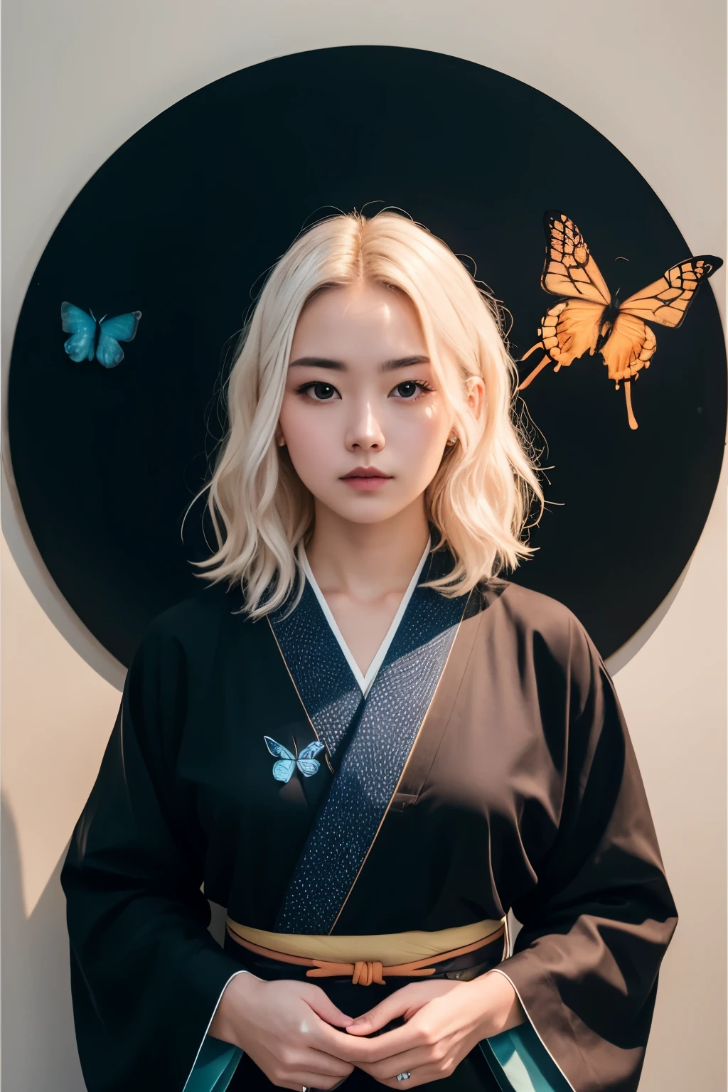 ((best quality)), ((Masterpiece)), (detailed) photography of a 20yo woman, medium white hair, perfect face, masterpiece, black kimono, Ultra HD, standing in front of black circle, butterflies