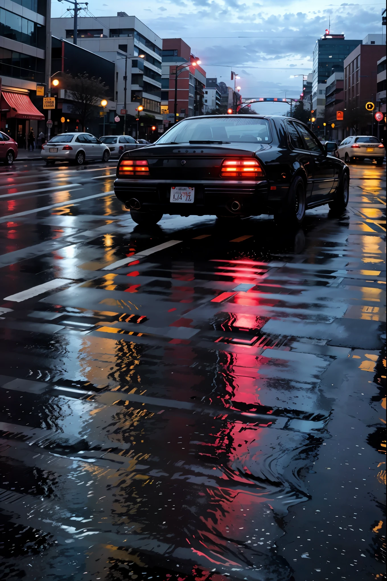 Downtown at dusk、intersection、car honking、((A red light that stops the flow))、Pedestrians waiting impatiently、Bright city lights reflecting on the wet pavement、Impressive skyline in the background、