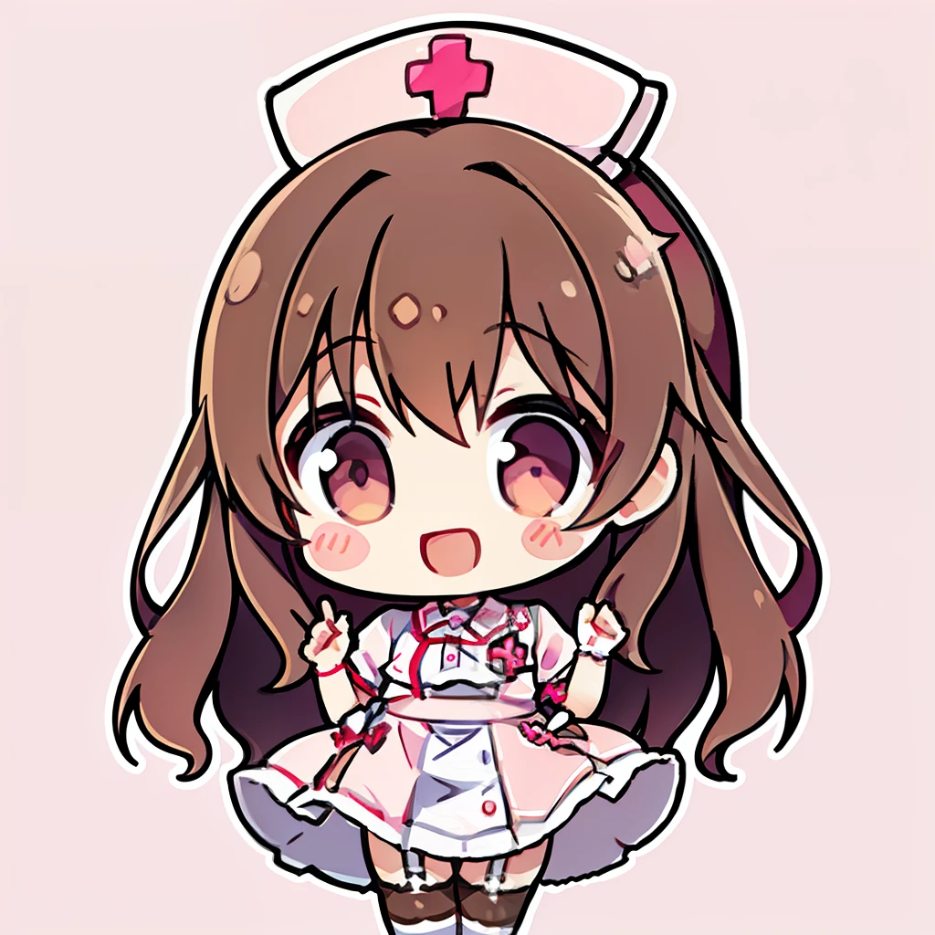 muste piece、super detailed、High quality、masterpiece、highest quality, 1 girl, light brown hair:1.5、wavy long hair、brown eyes、alone、Happy to raise both hands、Very happy smile、nurse uniform、garter belt、garter stockings、cross mark nurse cap、{{pink background、 background:1.8}}、Full body Esbian、icon、