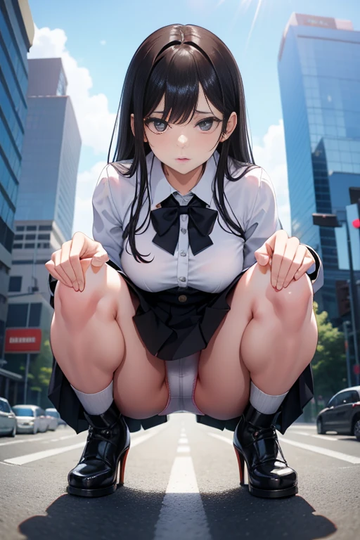 Giantess, miniskirt, blouse opening,  pussy juices, mini City, squatting, legs apart, white pantys exposed, peeing in public, public indecency 