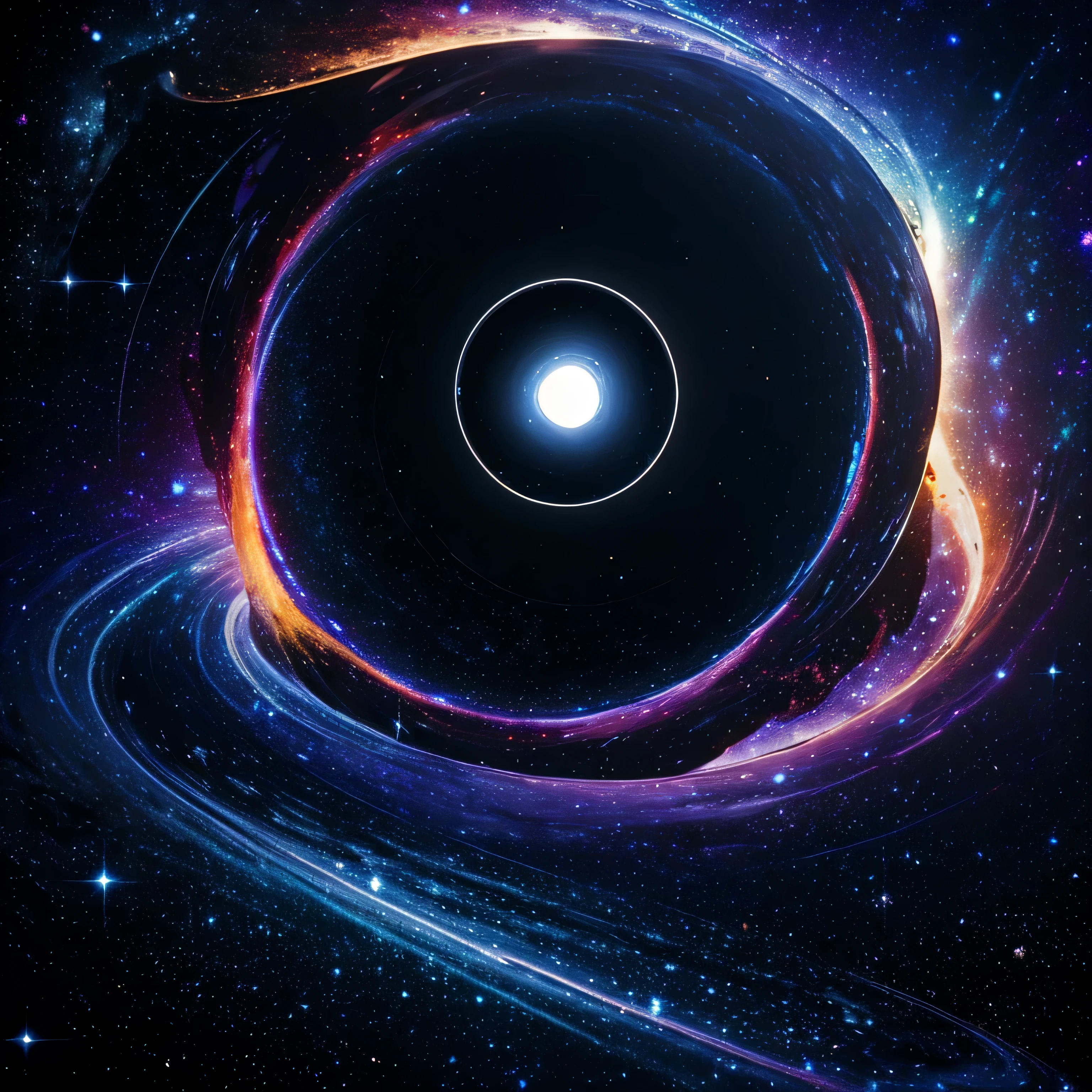 Masterpiece, best quality, space, stars, stardust, cosmic, particles, [black circle: dark hole],light distortion,
