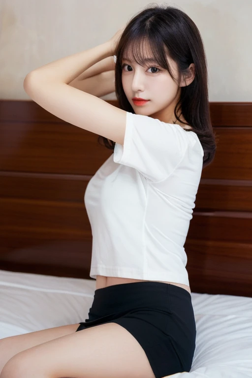 highest quality、masterpiece、High resolution、1 girl、black hair、Gravure idol、Early 20s、(tight white plain t-shirt)、(Black Mini Tight Skirt) 、sexy pose、big 、seductive pose、whole body、Bed Scene、