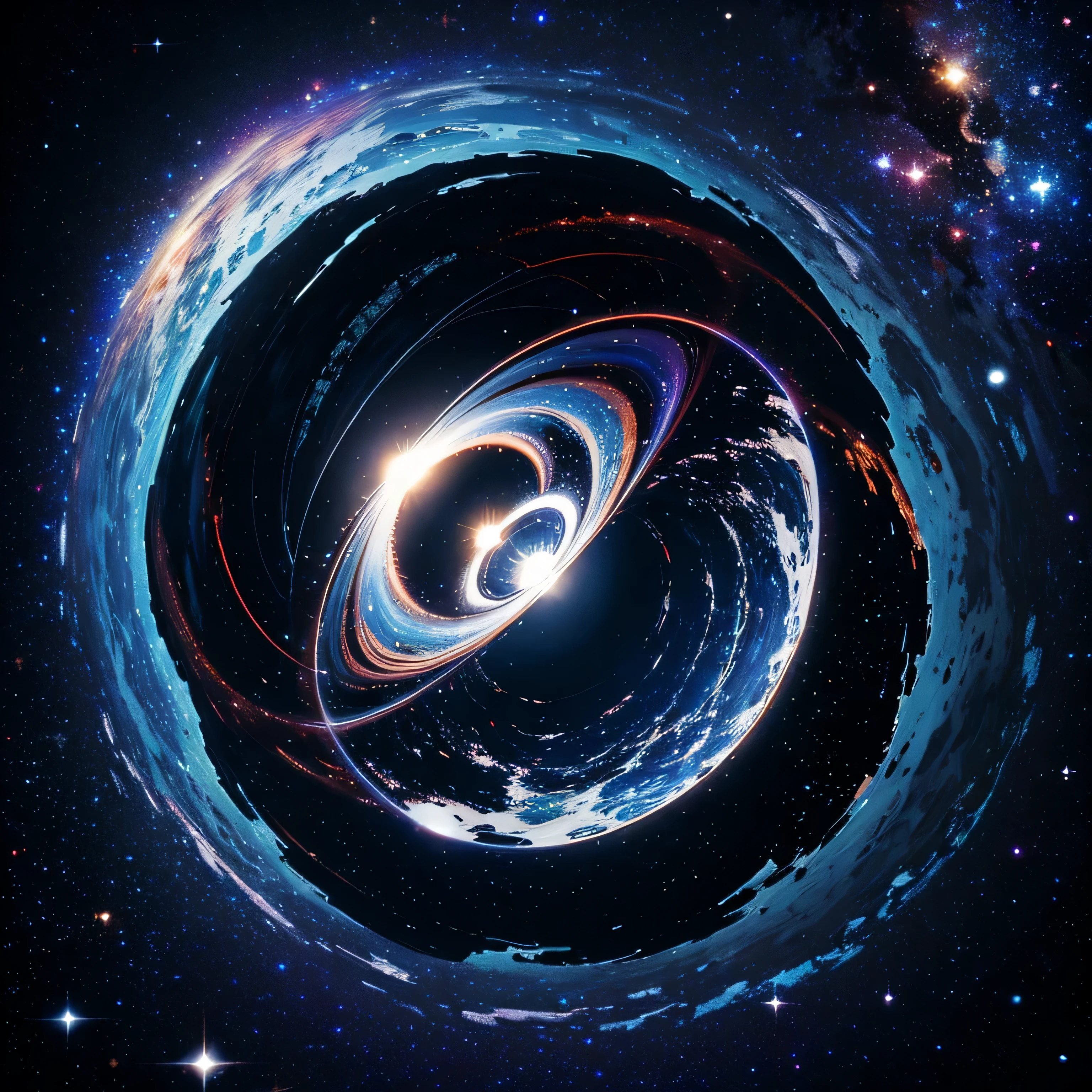 Masterpiece, best quality, space, stars, stardust, cosmic, particles, [black circle: dark hole],light distortion,