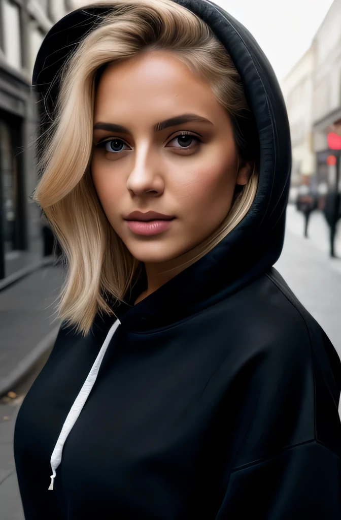 photorealistic, best quality, hyper detailed, realistic eyes, show no hands in the picture, detailed lips, 8K, iperrealistic, beautiful woman with natural blonde hair, walk in the street wearing a hoodie and jeans, selfie photo while walking in an empty street, upper body, solo, wearing casual wear, wearing hoodie, wearing black top under hoodie, indoors, (morning), looking at the camera, walking on an empty street, (relaxed), skin texture with perky visible under clothing, film grain, close up, ultra high res, best shadow, RAW, instagram LUT, black top, nsfw, wearing a top, hands not visibleyoung woman with long and wavy blonde hair. She should have a fit body, a large bust, a narrow waist, wide hips, and a great rear. 8K RAW photos, high resolution, Nikon D850, Photographie de film ,4 Kodak Portra 400 ,camera f1.6 lentilles ,couleurs riches ,hyper realistic ,lifelike texture, dramatic lighting , Cinestill 800, (masterpiece, best quality), perfect face, beautiful face, alluring, big gorgeous eyes,
