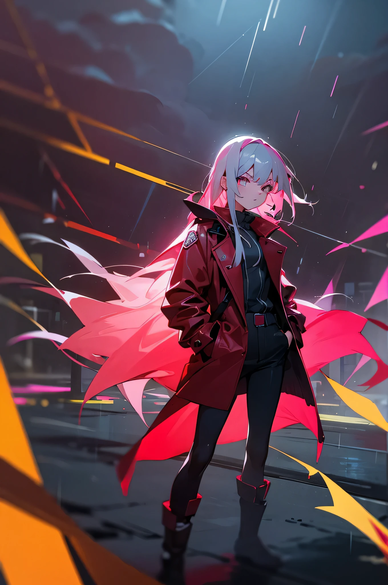 1girl,night city,neon,rain,coat,hands in pockets,dark red jacket