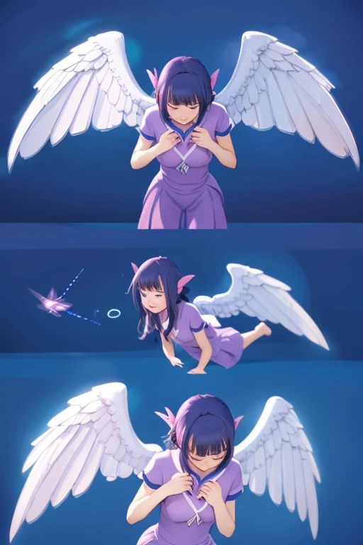 A magical girl who wants to fly away with her own wings, spreads her wings, folds her arms in front of her chest, blushes, and tries her best to push hard, but she feels like she's about to fly away, but she can't.
