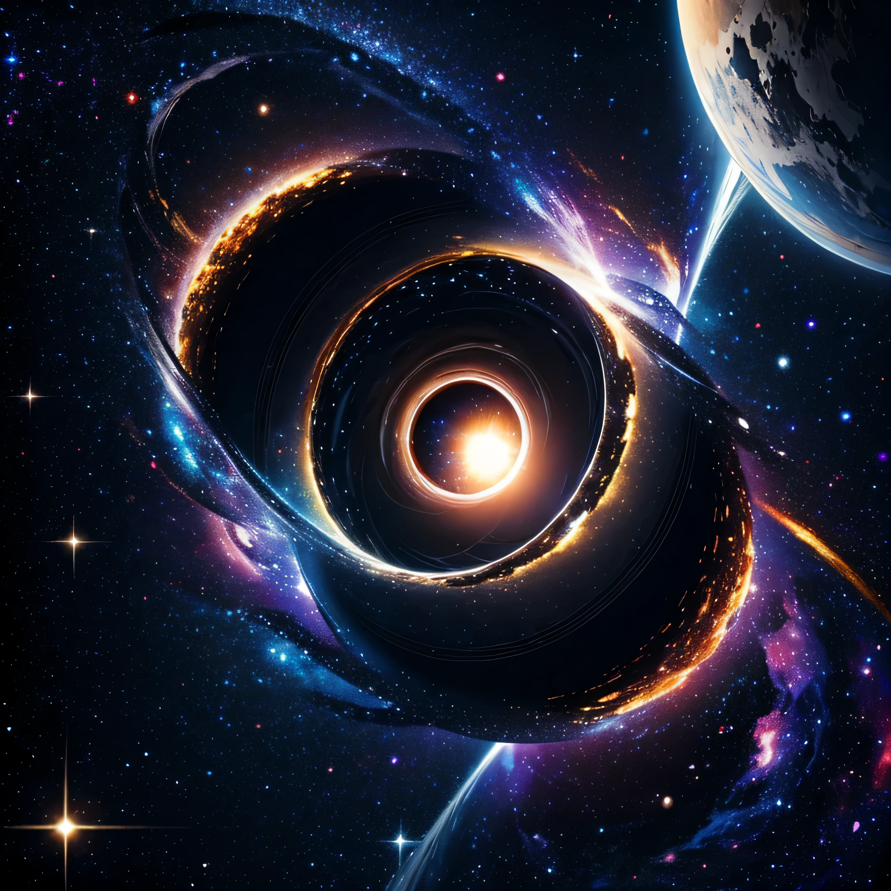Masterpiece, best quality, space, stars, stardust, cosmic, particles, [black circle: dark hole],light distortion,