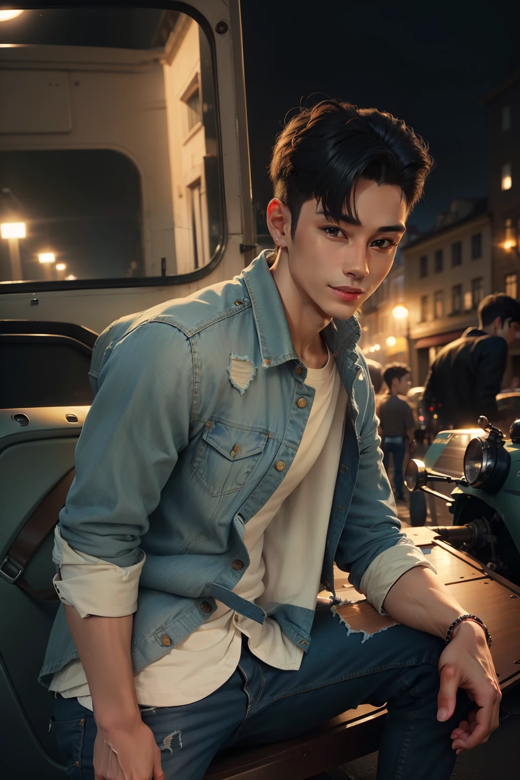 22 old, boy, Denim shirt, handsome forums,funny, clear face,Masterpiece, night vibes,background Standing in the middle of the road,small smile, realistic finishing, perfect finishing