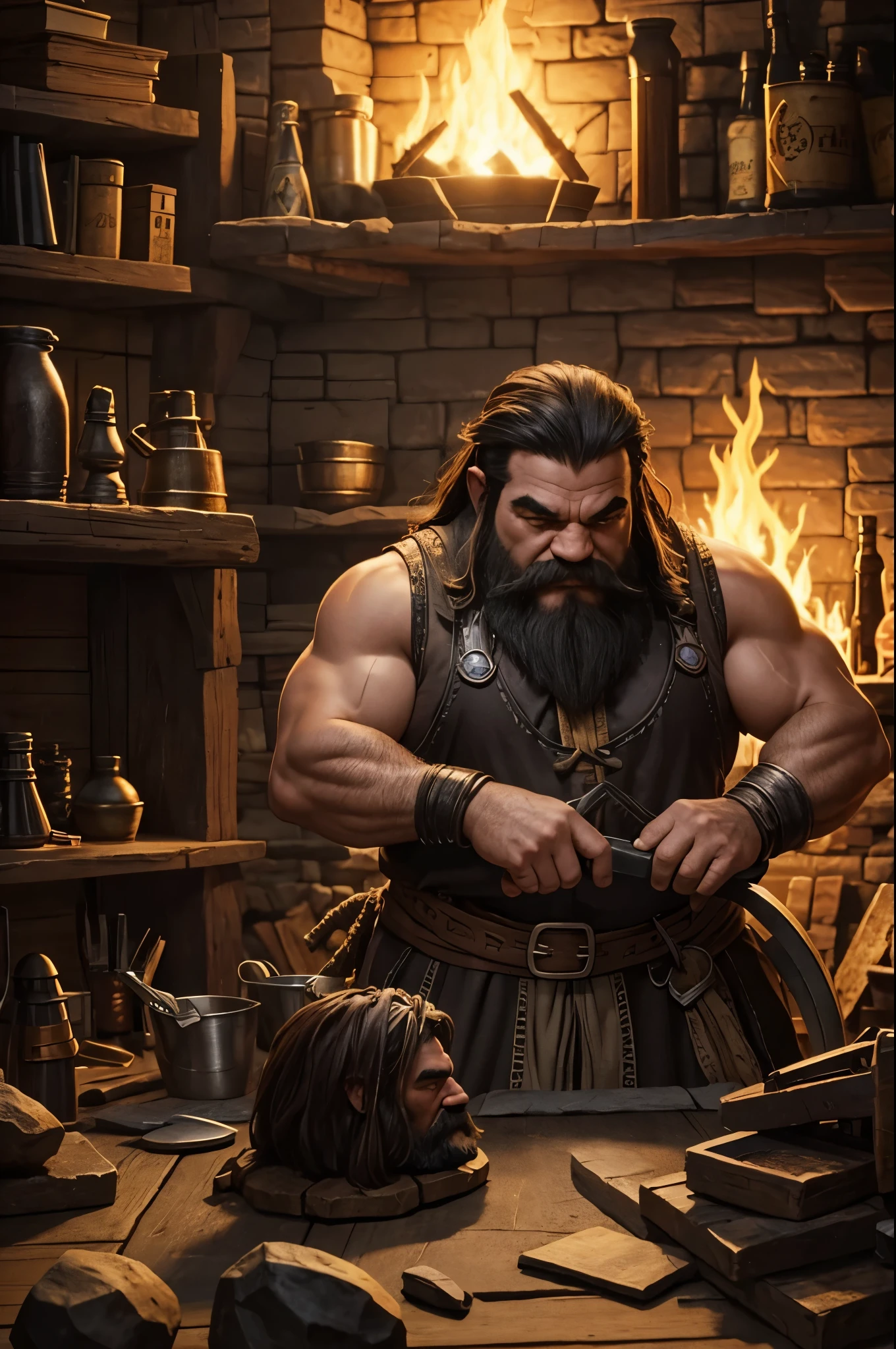 Barbarian dwarf blacksmith, mystical dwarf blacksmith on his desktop, dos tempos medievais com lava na forja e muito trabalho.