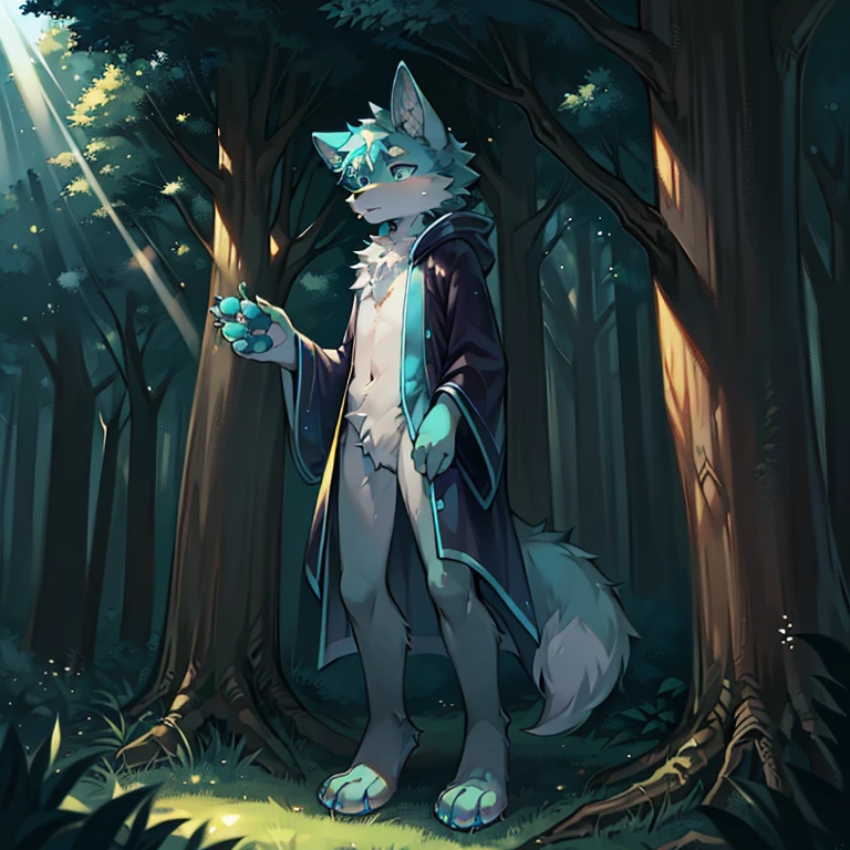 In the enchanting forest, a solitary Male steppe wolf stands tall, his slim body type accentuated by the lush greenery that surrounds him. The high detail of his fur, a grayish hue, shines under the sunlight filtering through the trees, each strand bringing out the texture and depth of the wolf's coat. The soft paws paw the earth, leaving small imprints as if whispering a secret to the forest floor.

His eyes, a captivating turquoise, hold an intensity that echoes his solitude, reflecting the forest's calm and tranquility. Gray skin and ears blend seamlessly with his fur, adding to the harmony of