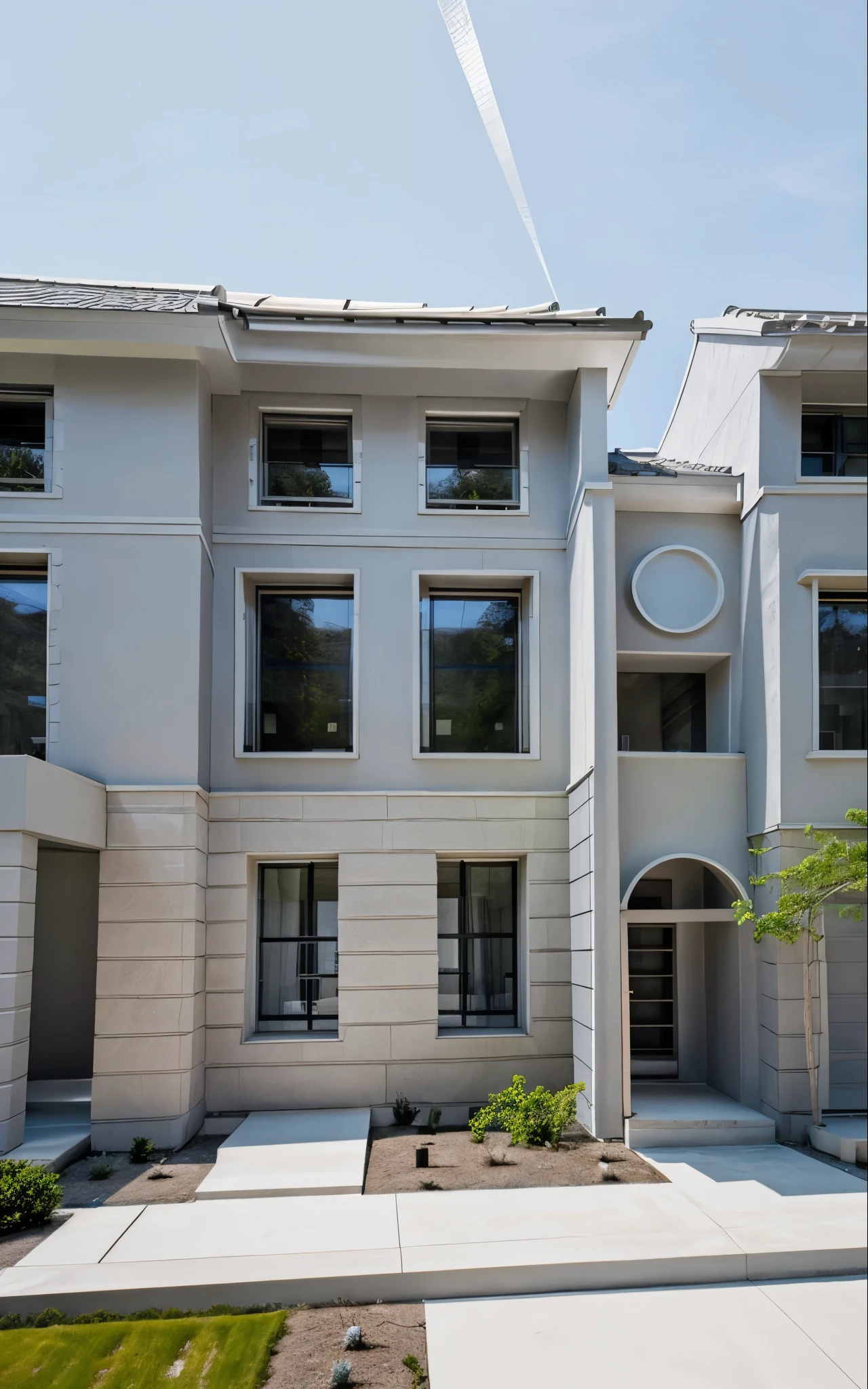 color photo of a modern and minimalist grey-colored Midcentury home. The house exudes an elegant and sophisticated vibe with its sleek lines, clean design, and neutral color palette. The exterior of the home is painted in a beautiful shade of grey, which perfectly complements the surrounding landscape. Large windows allow an abundance of natural light to flood the interior, creating a bright and airy atmosphere. The architectural details, such as the flat roof, angular shapes, and minimalistic landscaping, add to the overall contemporary aesthetic of the house. This grey Midcentury home stands as a timeless masterpiece, blending seamlessly with its surroundings.