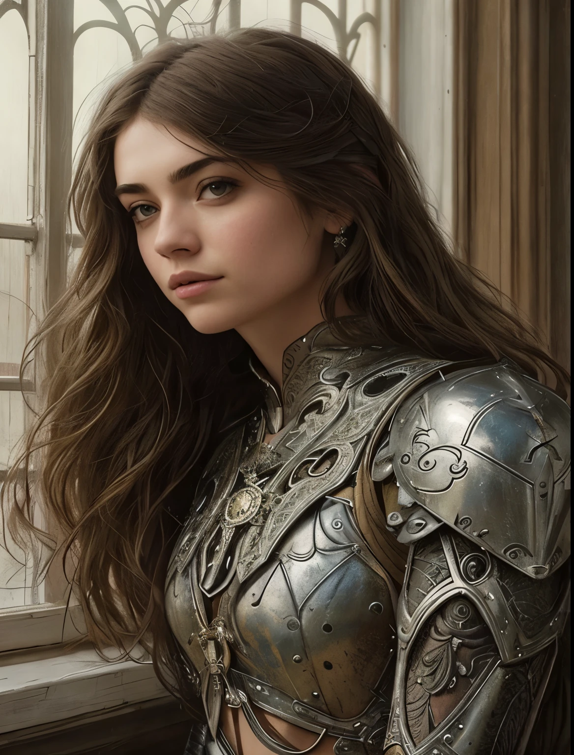 un primer plano de una mujer con armadura parada cerca de una ventana, chica con armadura de caballero, hermosa armadura, of a hermosa mujer caballero, hermosa mujer caballero, chica armadura, impresionante armadura, Imogen Poots como un paladin, imogen poots del anuncio&paladin, hermosa mujer paladin, Mujer paladin de fantasía, Wearing fantasy armor