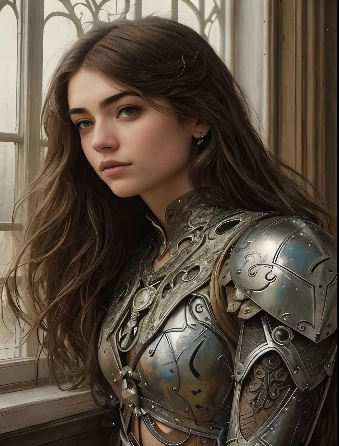 un primer plano de una mujer con armadura parada cerca de una ventana, chica con armadura de caballero, hermosa armadura, of a hermosa mujer caballero, hermosa mujer caballero, chica armadura, impresionante armadura, Imogen Poots como un paladin, imogen poots del anuncio&paladin, hermosa mujer paladin, Mujer paladin de fantasía, Wearing fantasy armor