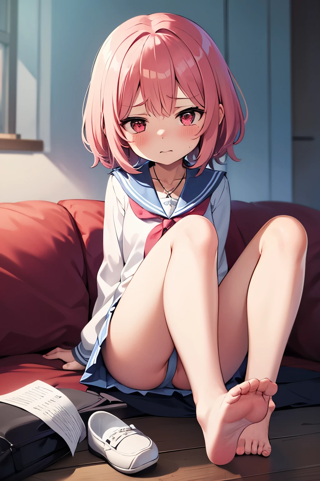a cute, short and flat chest student anime girl with pink hair and red eyes look at you from a certain distance. her face shows a slight blush and a wave of emotions, her furrowed brows showing a expression of sadness, maybe just a bit of anger. she is a tsundere. she wears a sailor uniform or a dress in white, pink and blue colors and has a necklace around her neck in the form of a bow. she wears a cute pair of shoes and stockings.