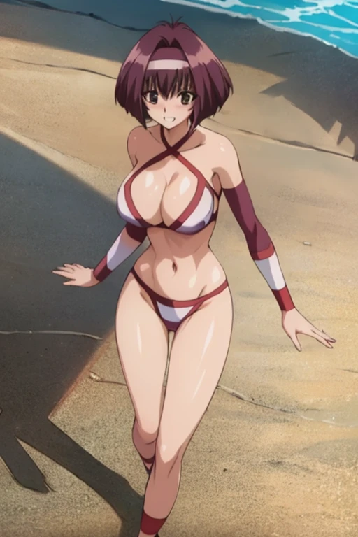 masterpiece, high resolution, best quality, beautiful art, rendered art, well formed hands, body and fingers, 1 woman, solo, Karin Maaka, grown up, mature woman, big breasted, cleavage, wearing a Tyris Flare outfit, sexy and skimpy bikini, alluring body, full body, sexy legs, hips and thighs, she is fighting in a combat match, she makes her guard position, getting ready to fight, about to hit and kick the viewer, fighting and action scene, smiling joyfully, being confident and proud, sweating, charming her opponent with her beauty, bouncing breasts, beach background