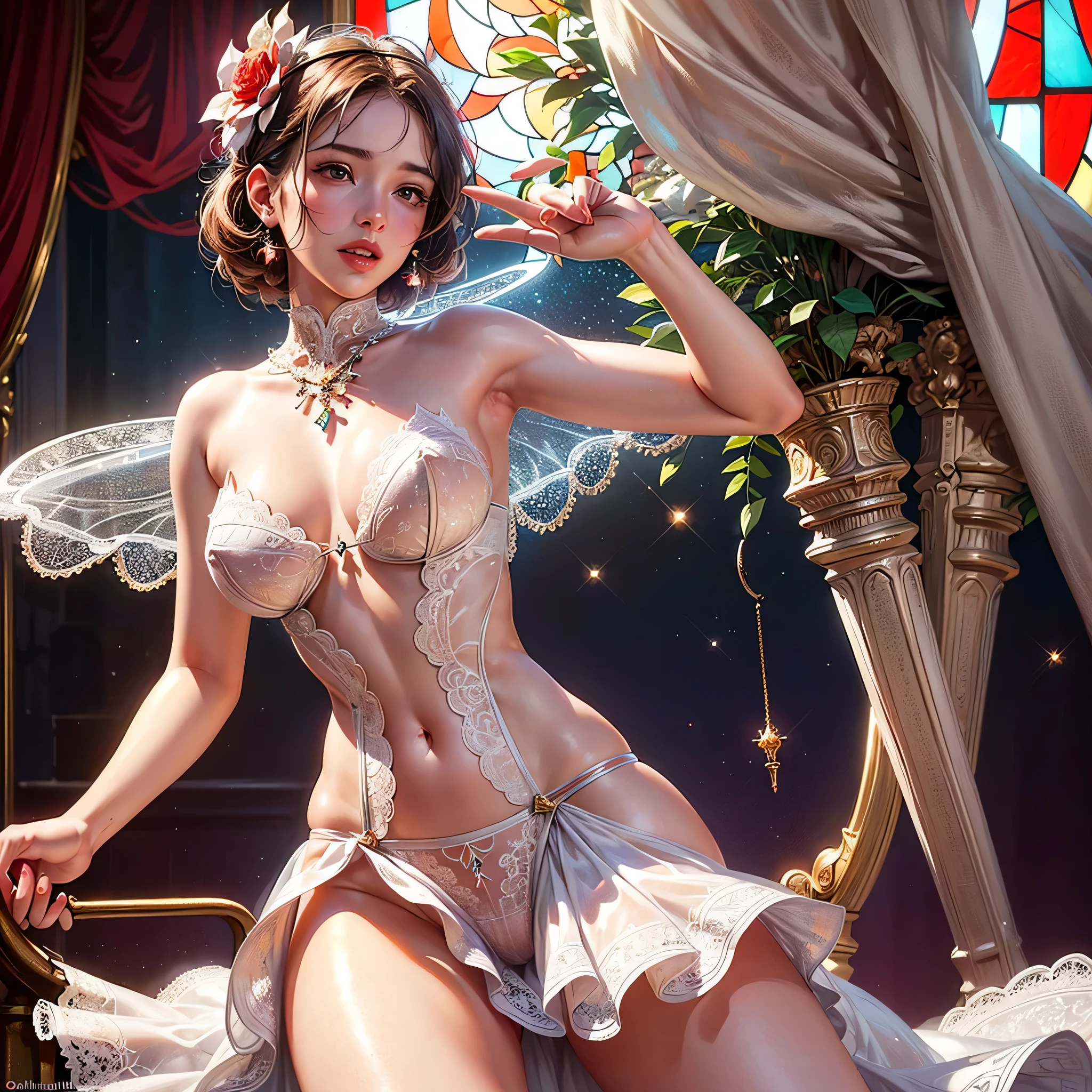(Masterpiece: 1.2), (Super detailed: 1.35), (Realistic, Photorealistic, ((Photorealistic: 1.37)), Sexy girl in white underwear with delicate lace, ((Accurate anatomy) Body and hands)), ((4 fingers and 1 thumb)), Glossy red lips, (Exposure: 1.2), (Nipples: -0.9), (Cute lips close-up), (Dynamic angle ), ((dazzling stained glass background)), (( Colorful lights shine through the stunning elaborate stained glass:1.2)), Bright red color. (Highly detailed cute face), Beautifully detailed eyes, Long eyelashes, subtle blush on the face, rosy cheeks, impeccable oily ivory skin texture. (Full of flowers covering the girl's body), (Mysterious sight), (Haze + particles of light + Lens particles + Lens flare + Halo with dazzling angle + (red leather) + High color + Overflowing side breasts,),