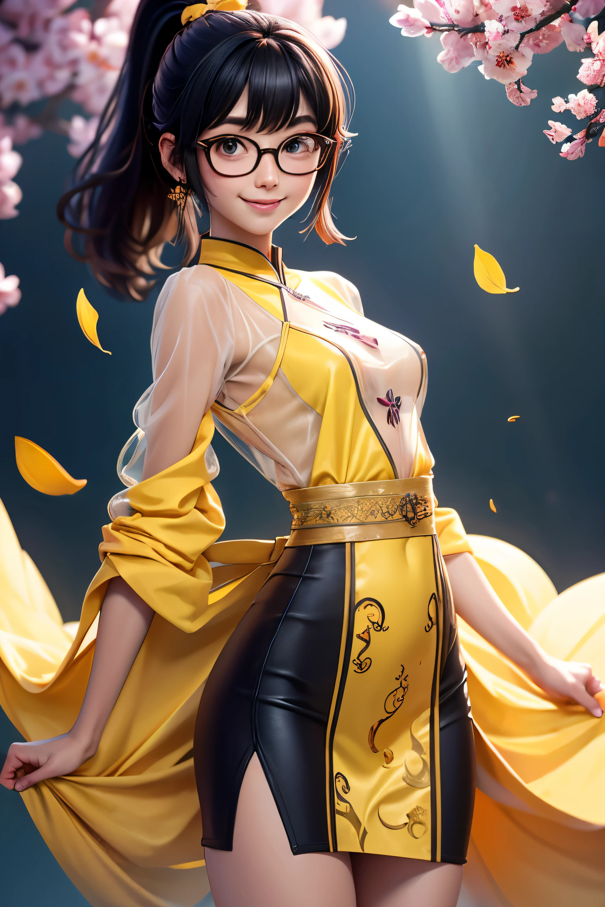Wide-angle shooting, beautiful girl, black hair in a ponytail, smooth, hair accessories, wear glasses, bright smile, small breasts, Thin waist, (Wear Hanfu ((see through)) with many layers of intricate details (Light yellow)) , Clothes flutter in the wind., seductive dance, The background is an island with only peach trees in bloom., Many peach blossom petals flutter., morning light, anime, High quality