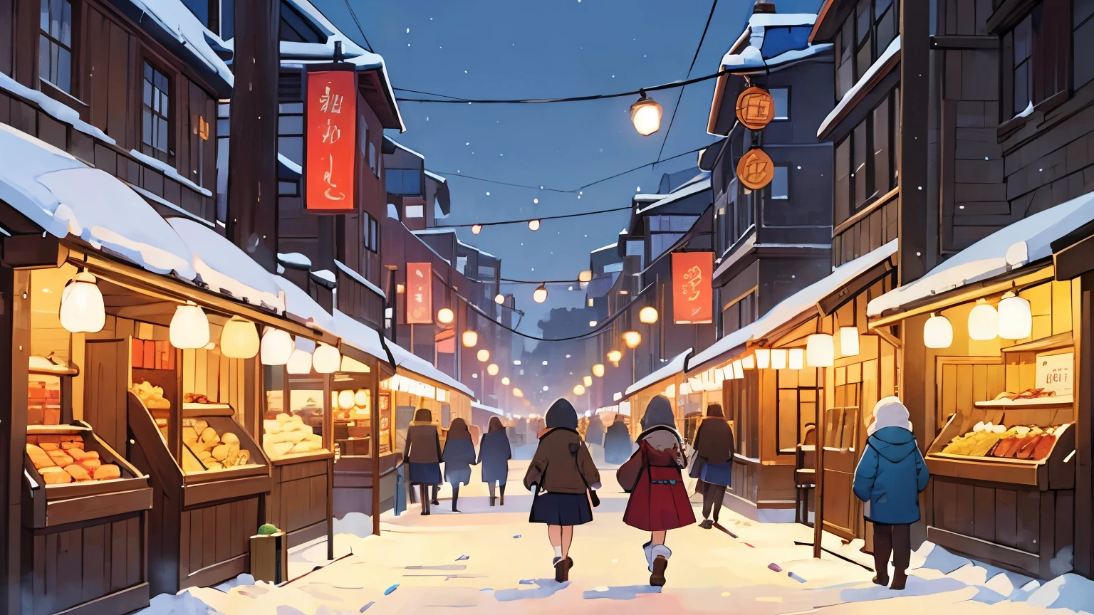 The streets in winter are lined with stalls，People are preparing New Year&#39;s goods