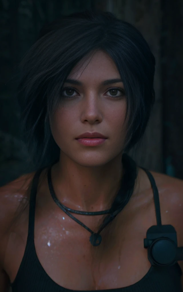 (melhor qualidade,4k,alto,parte mestre:1.2),ultra-detalhado,(realista,fotorrealista,fotorrealista:1.37),Lara Croft,olhos bonitos detalhados,detailed lips and face,Physically based rendering,postura forte e confiante,Traje Tomb Raider,parkour action,atmosfera aventureira,ancient ruins in the background,treasure hunt adventure,3D rendered illustration,cores vivas,movimentos furtivos,expressive facial expressions,Exotic location,retrato profissional,action-packed,dynamic composition,sharp focus,mysterious lighting,ambiente altamente detalhado,Efeito bokeh,intensidade emocional, serious expression