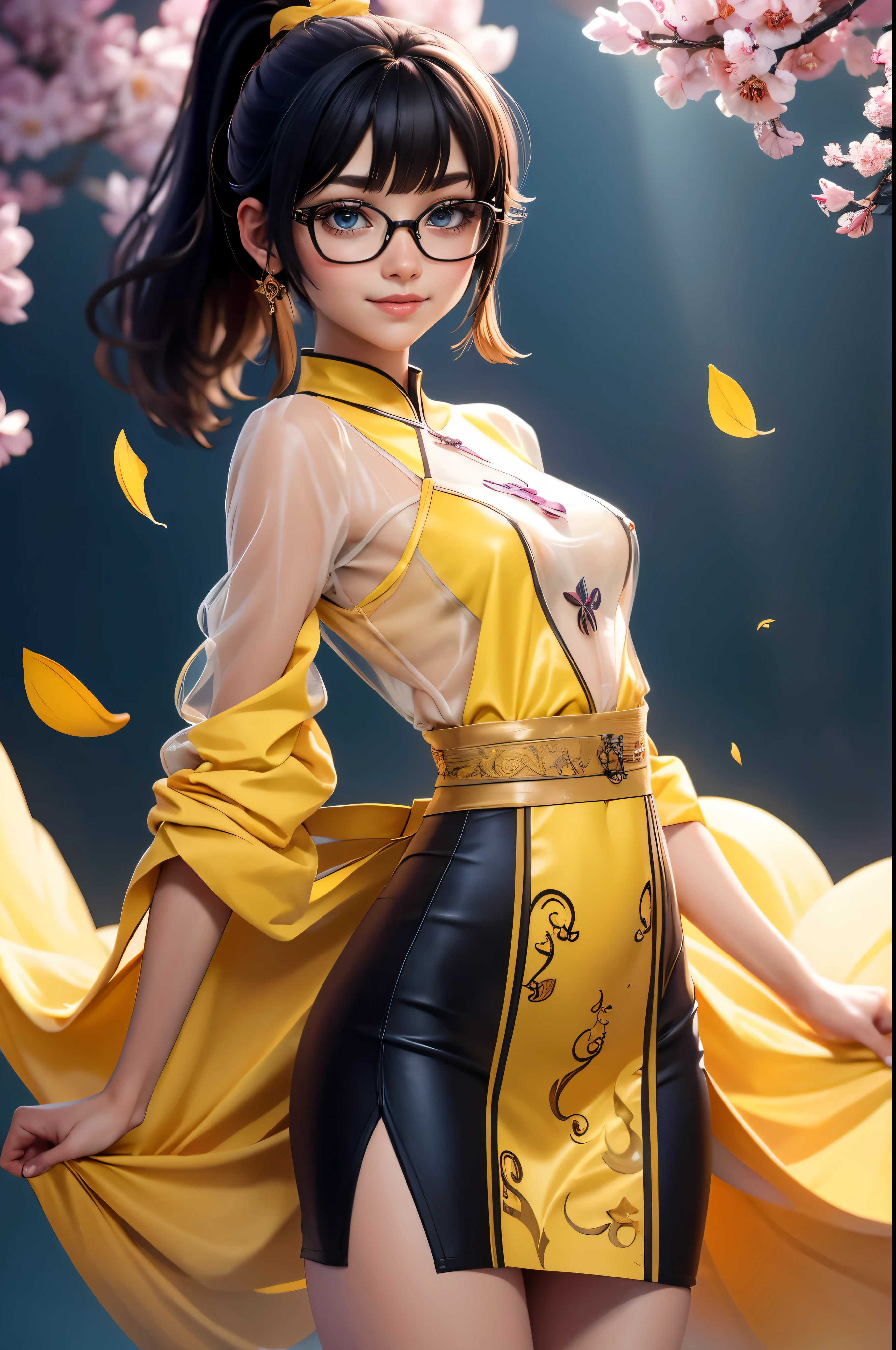 Wide shot, Beautiful girl, black hair in a ponytail, bangs, a hair accessory, wearing glasses, a bright smile, small breasts, a slim waist, (wearing a hanfu ((see-through)) with many layers of intricate details (light yellow)) , Dresses fluttering in the wind, seductive dances, the backdrop is an island with only peach trees in full bloom, many peach petals fluttering, morning light, anime, high quality