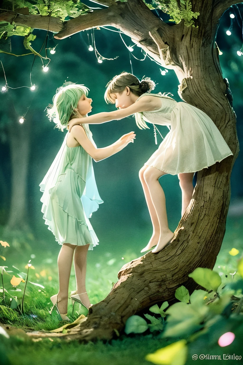 Masterpiece, watercolor: A passionate dance between two elongated miniature tinkerbells (similar to Elodie Guipaud and Celina Ralph) on a branch of an oak tree, dew droplets, illuminated by a single glowing firefly. Fairytale-like atmosphere. Soft, tender. Bokeh. In the style of Josephine Wall and Takashi Murakami and Boris Vallejo.