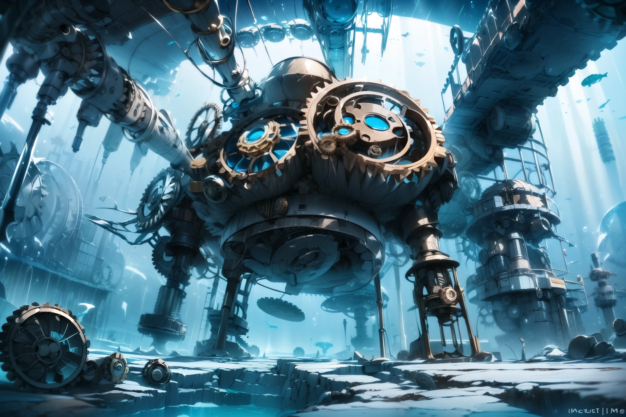 [(Ocean:1.5),::5] (underwater:1.5), [(GEARS:1.5),::5] (mechanical, dynamic angles:1.5), no humans, bubble, (building, light rays, wires, steampunk:1.4), masterpiece, highres, 4k, high quality, digital art, (high quality:1.2), (detailed:1.2), (fantasy:1.2), illustration, perspective (45 degree tilt angle), theme (underwater city style:1.2), plant, (Domain Expansion:1.4), (decayed, gears, mechanical gears, steampunk, mechanical element, macine, machinery:1.5)