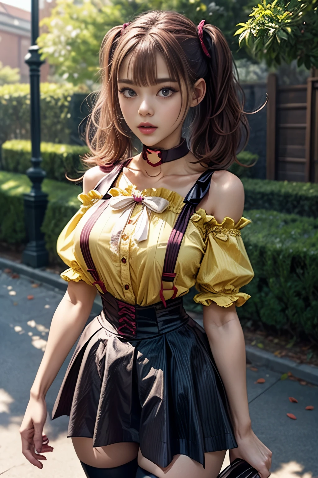 masterpiece, best quality), 1girl, leeroha, twintails,yellow shirt,frilled shirt,off-shoulder shirt,puffy short sleeves,heart choker,suspenders,bow,black skirt,high-waist skirt,thighhighs