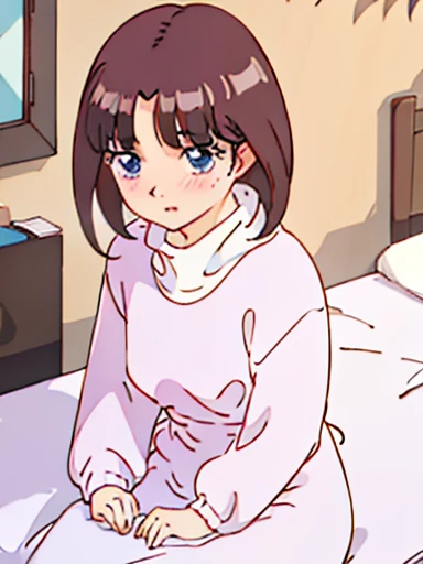 ((nsfw)),vaginal 、Bedroom、on the bed、lie down、fall down、Watery eye、blush、Crying face、(((Clothes that have been stripped off)))、white turtleneck, white shirt,white long skirt