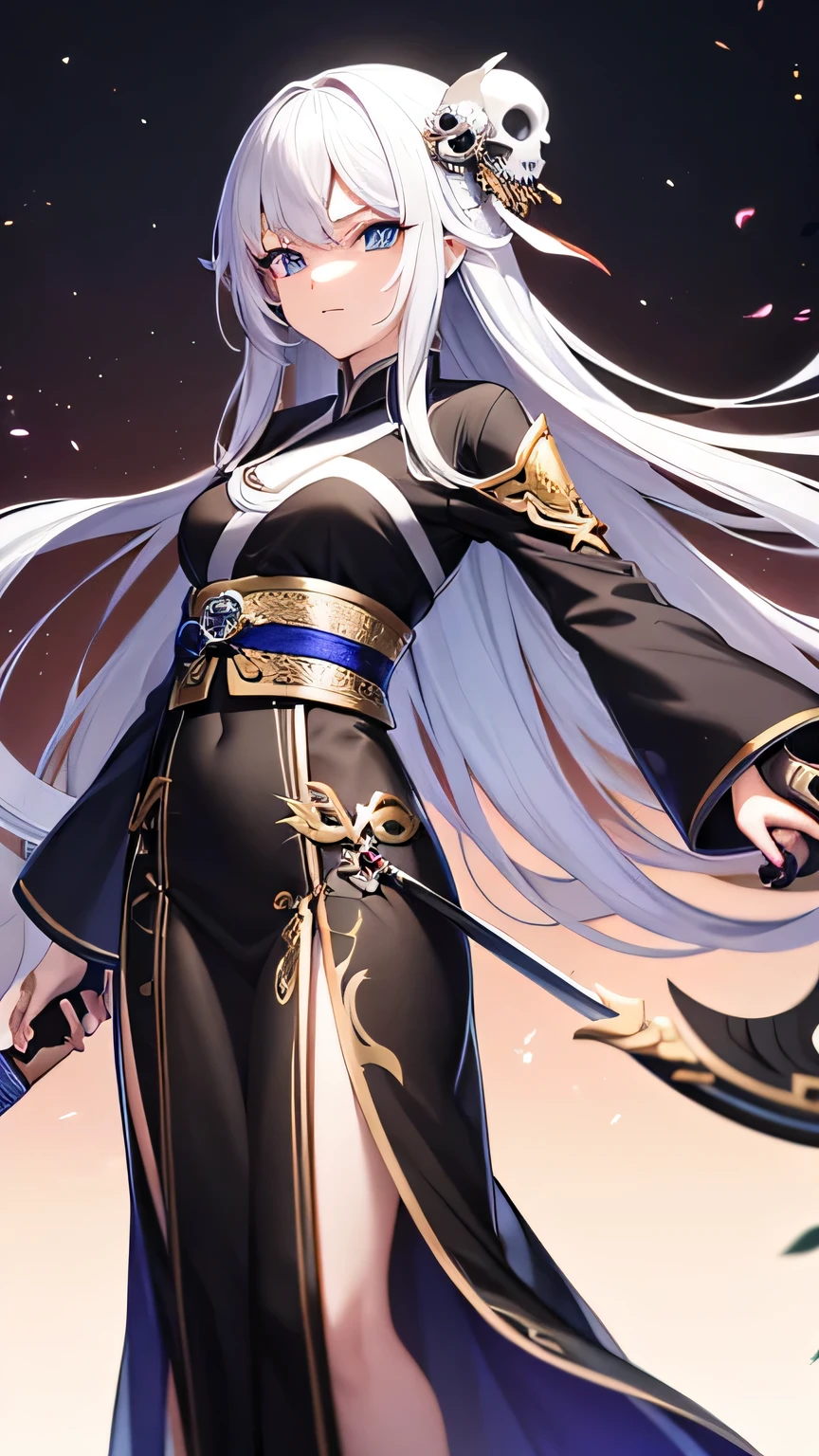 Silver-haired anime beauty holding a long sword and wearing ink-colored Hanfu. The background is anime skulls.