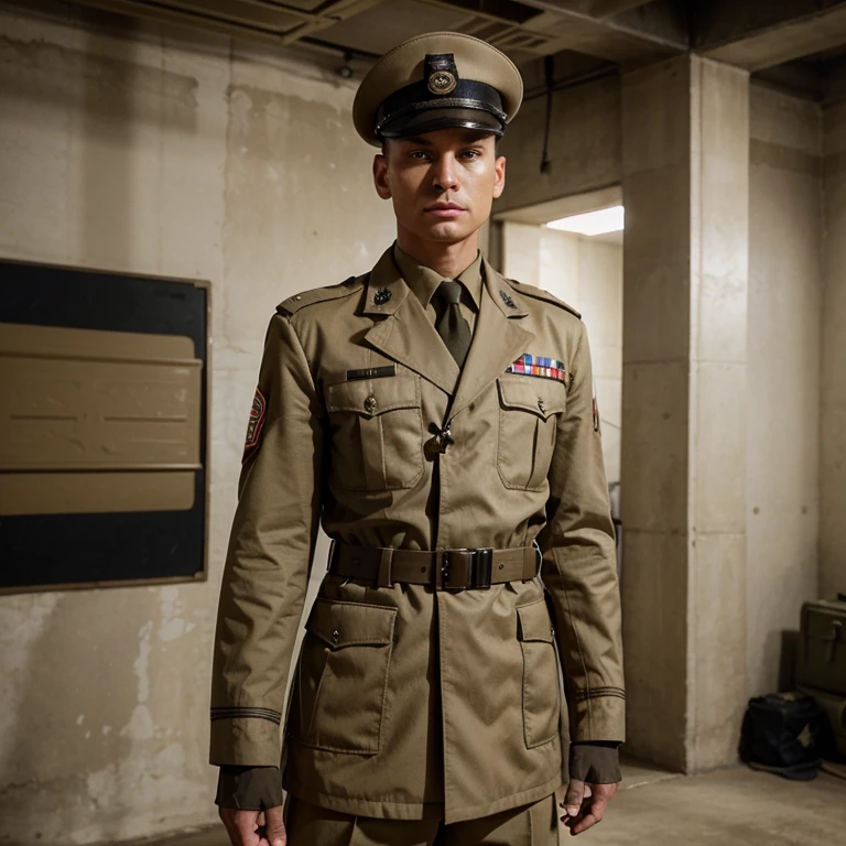 Please create an original military general army uniform stylized as an world war II uniform in beige color