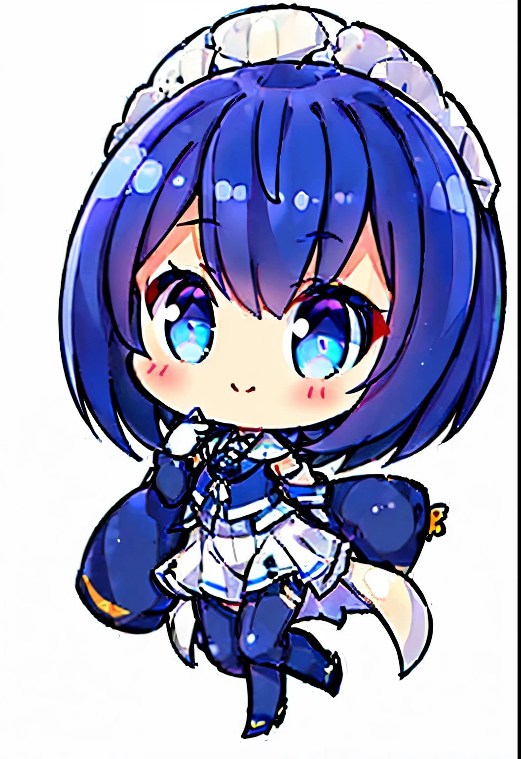 ((Whole human body:2), Lone Girl、Japan Faces、Super Short Bob Cut、kawaii、Girl with dark blue hair、(the perfect body:1.4)、Glittering blue colored eyes、(White and navy blue bunny costume、White and navy blue tight-fitting clothing、Wear a full white and navy blue cover、White and navy blue thigh cover pants、White and navy blue shoulder cover clothes、White and navy blue shiny clothes、Navy blue tight-fitting pants that hide the legs、Clothes that do not attract skin、Clothes that hide the skin、Clothing that protects the skin、Armor to hide the chest)、extremely delicate and beautiful、detailed skins、Slim body、exoskeleton、Cute、Gentle smile、Soft look、heroine、Long boots in white and navy blue、Gloves up to the elbow、headset on head)、(simple background、White background:1.4)