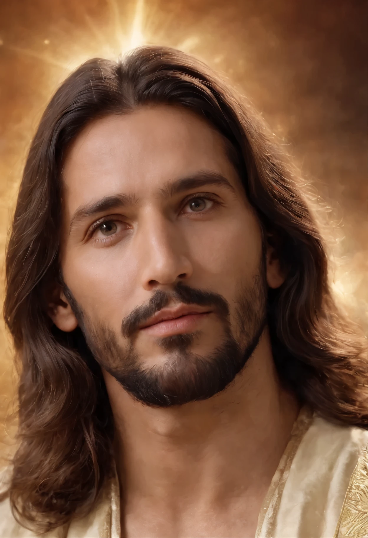 Gere uma imagem de Jesus estilo realista, The paradise of the celestial background , olhando para frente .com cabelos pretos e curtos e sem barba, ((sem barba)), ((DOES NOT HAVE A BEARD)), ((cabelos curtos)), cabelos curtos, cabelos pretos,((cabelos curtos)), His eyes are kind and expressive,, garanta que a imagem seja de alta qualidade e rica em detalhes, capturing the essence of Jesus , pele altamente detalhada: 1,2 8k uhd , 20MP, Fujifilm XT3, 80mm, sentado em um tapete com um fundo de estrelas e nebulosas, Facing the camera, foto ultra realista, UHD, ..3d, 8kK