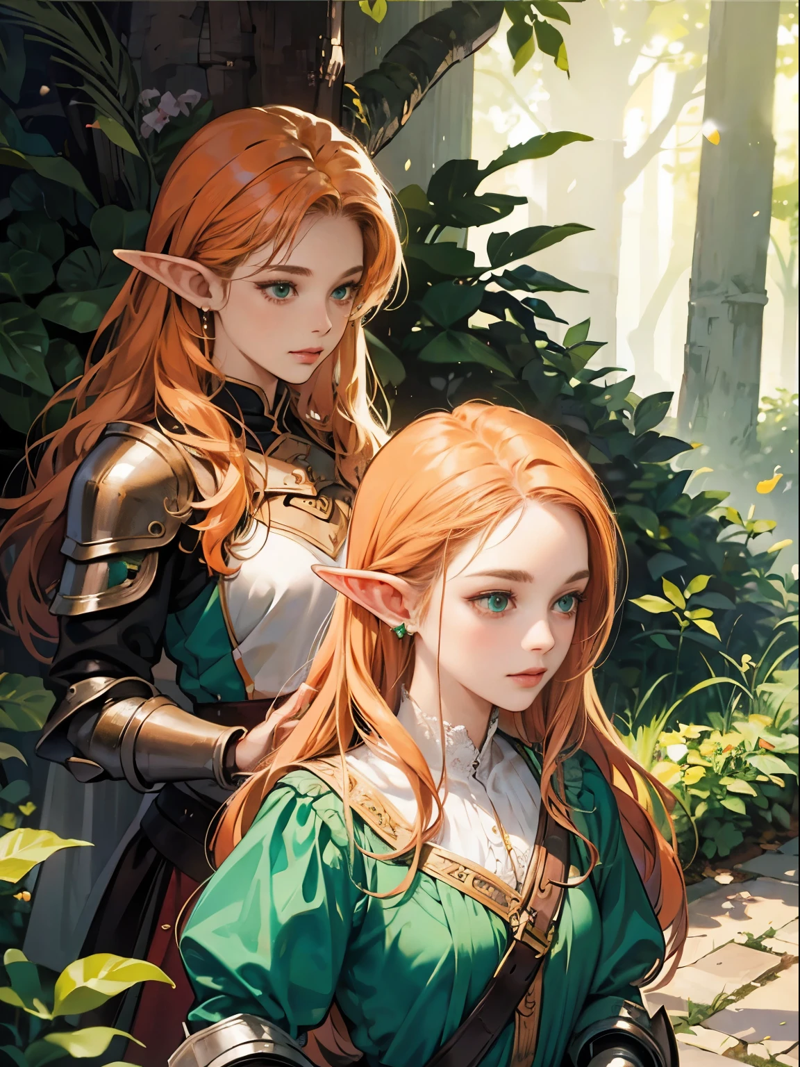 (masterpiece), best quality, expressive eyes, perfect face, two adventurer girls, ( 1 girl, elf ears, blond hair, green eyes, green dress, jewelry, magic user), ( 2 girl, elf ears, orange hair, brown eyes, leather armor, fighter) , magical forest background