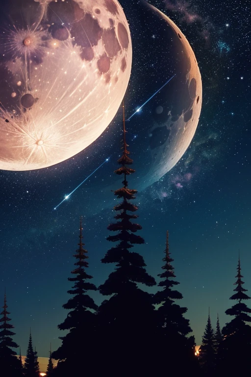 an image in which you can see only the tops of the trees and a realistic moon with many stars, la luna debe esta a un costado, the moon must be medium and must be clear of any obstacles 